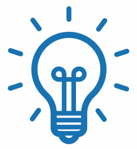 Knowledge icon blue line drawing of bright light bulb