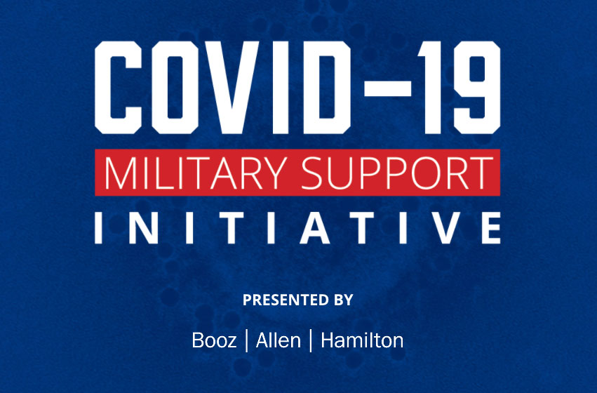 COVID-19 Military Support Initiative (CMSI) graphic with Blue Star Families, Association of Defense Contractors, Booz Allen Hamilton
