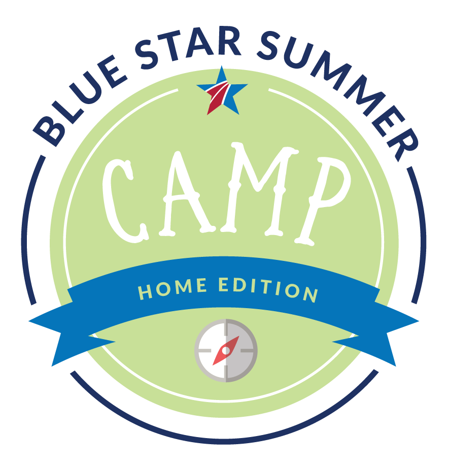 Blue Star Summer Camp logo with a blue ribbon that says Home Edition, and a compass