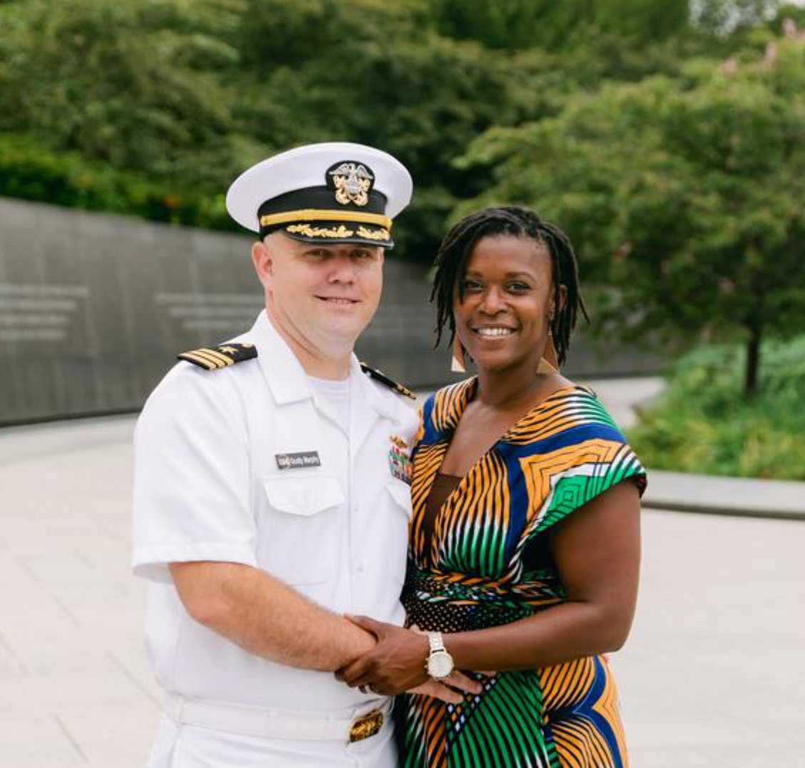 Tonya Murphy poses with her husband Scotty, a Navy commander, in Washington, D.C. Murphy, a fellow with Blue Star Families, said she and her husband balked at assignments to bases in southeast Georgia and southwest Tennessee out of fears of racial discrimination being directed at their three sons. (Tonya Murphy/ Blue Star Families)