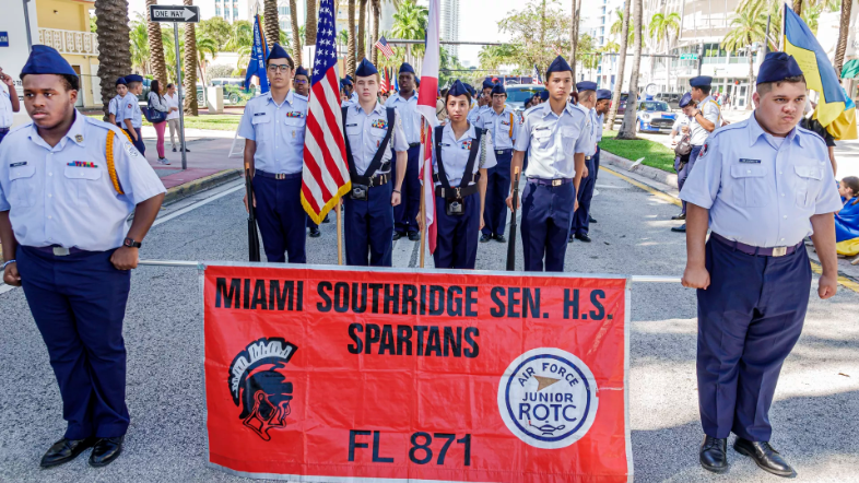 Southridge Senior High School Air Force ROTC cadets holding banner. Photo: Jeffrey Greenberg/Universal Images Group via Getty Images