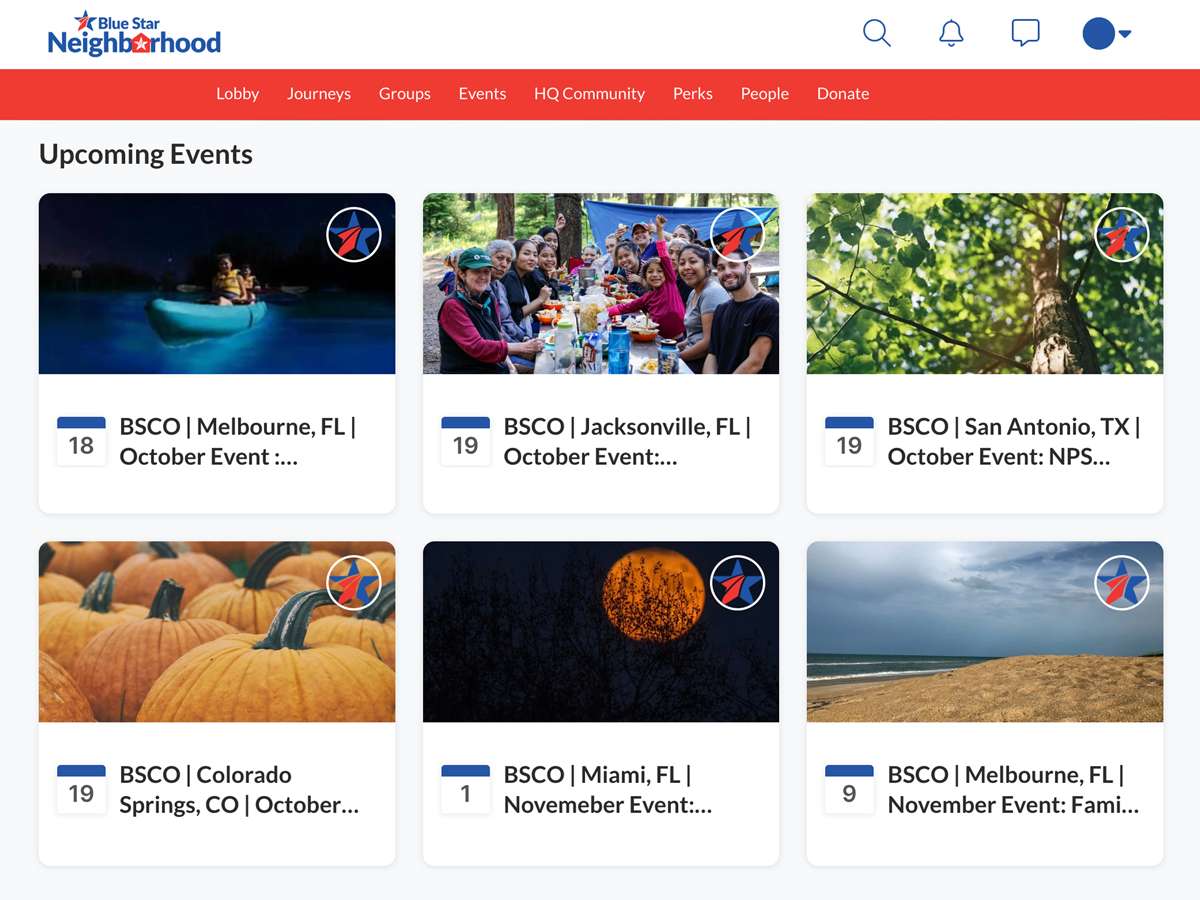 Illustration of Blue Star Connect Outdoors group on tablet. Image shows multiple Blue Star Connect Outdoors events